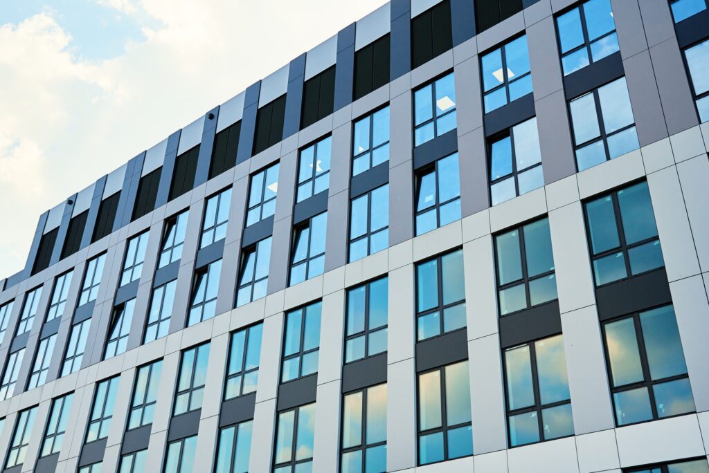 Facade of office building with windows